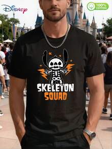 Disney Lilo & Stitch Skeleton Squad Graphic T - Shirt For Men – 100% Cotton Short Sleeve Crew Neck Casual Tee, Halloween - Themed Design With Orange Lightning & Stars, Ideal For Disney Fans, Stitch Enthusiasts, Adult Males, Unisex Fit, Soft Breathable Fabric For Daily Wear, Gift For Lilo & Stitch Lovers, Black Crewneck With Bold Cartoon Print, Perfect For Halloween Parties, Theme Park Visits, Summer Outdoor Events, Weekend Hangouts, Comfortable Streetwear For Men & Teens, Spooky Yet Cute Skeleton Stitch Graphic For Festive & Casual Occasions - màu đen - Xem 1