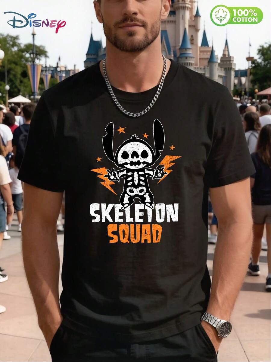 Disney Lilo & Stitch Skeleton Squad Graphic T - Shirt For Men – 100% Cotton Short Sleeve Crew Neck Casual Tee, Halloween - Themed Design With Orange Lightning & Stars, Ideal For Disney Fans, Stitch Enthusiasts, Adult Males, Unisex Fit, Soft Breathable Fabric For Daily Wear, Gift For Lilo & Stitch Lovers, Black Crewneck With Bold Cartoon Print, Perfect For Halloween Parties, Theme Park Visits, Summer Outdoor Events, Weekend Hangouts, Comfortable Streetwear For Men & Teens, Spooky Yet Cute Skeleton Stitch Graphic For Festive & Casual Occasions - màu đen - Xem 1