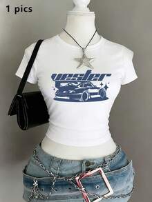 Women's Street-Style Cool Retro Sports Car Letter Print T-Shirt, Unique And Non-Repetitive, Slim-Fit, High Street Fashion, Trending On , Short Top F - White - View 7