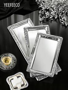 yeefeeco 1pc Iron Gold/Silver Long Tray, Serving Platter, Storage Tray, Vegetable Tray, Middle Eastern Style Tray, 3 Size Options, Suitable For Home, Restaurant, Catering - Silver - View 8