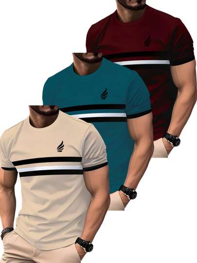 3件套撞色条纹印花短袖T恤，舒适宽松版型，欧美街头风百搭夏季内搭