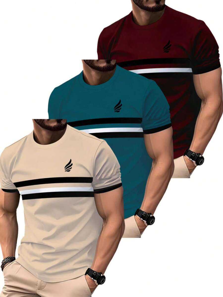 Set 3 buc. Tricouri cu mânecă scurtă și imprimeu cu dungi color block, topuri confortabile, croială lejeră, maieuri versatile în stil stradal european și american pentru vară - Multicolor - Vizualizare 1