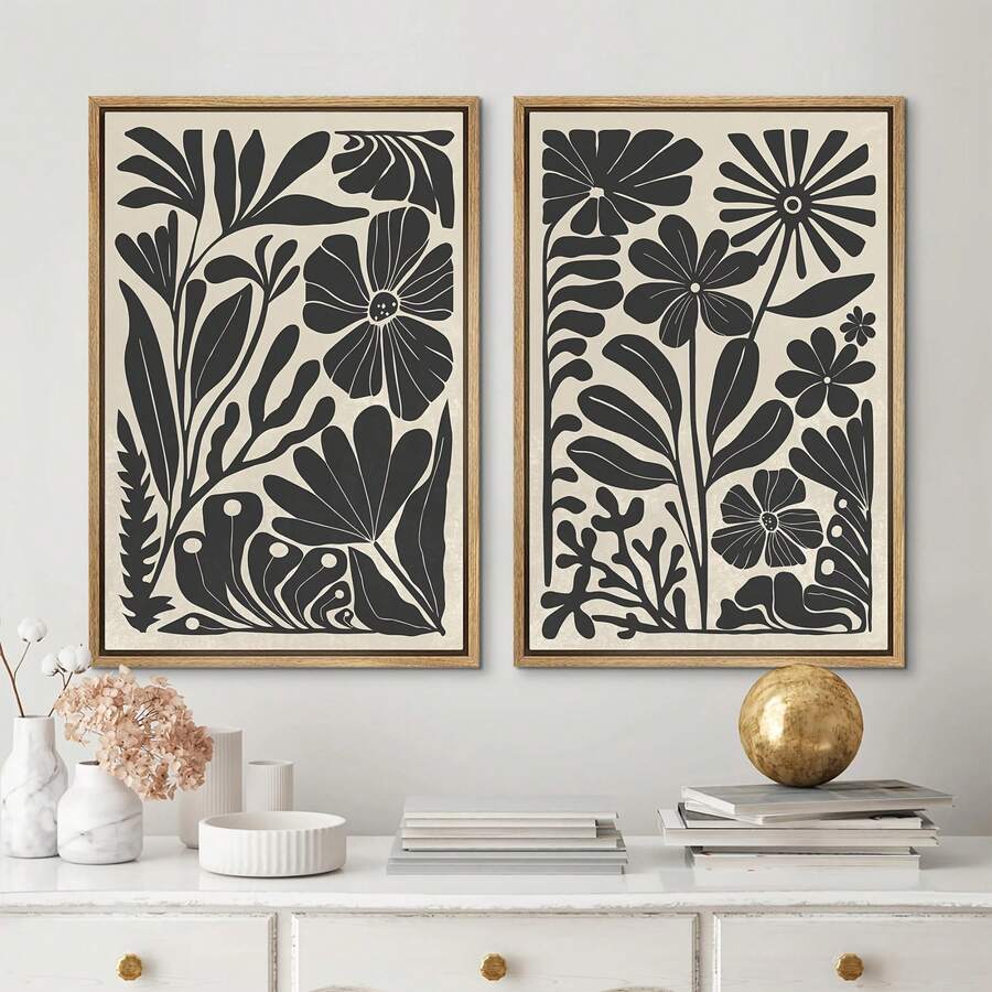 2幅波西米亚抽象花卉植物帆布艺术画,简约现代风景海报,无框水墨墙挂装饰画,适用于家庭办公室、浴室、客厅、卧室、餐厅 - 室内竖版 - 多色 - 查看 1