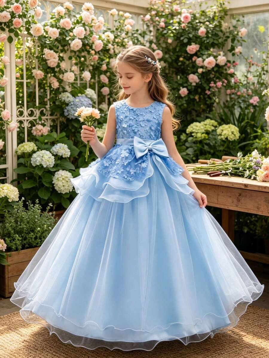 Girls' Princess Dress, Children's Wedding Tulle Dress, Embroidered Flower Girl Dress For Performance - Blue - View 1