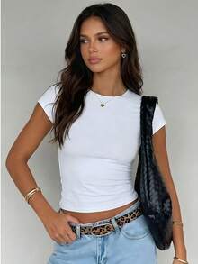 Women's Solid Color Round Neck Casual Versatile Daily Wear Short Sleeve T-Shirt - Pink - View 5