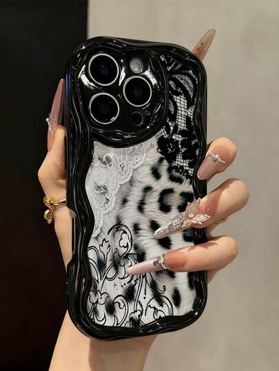Lace Colorful Printed Cream Wavy Edge Black Minimalist Shockproof Thick Phone Protective Case, Suitable For IPhone 17/17 Pro/17 Pro Max, 16 XR/7/8, 15 Pro Max, 12 Pro Max, 13 Pro Max, 14 Pro Max, 13, 14, 11, 12P, 14, P11 Soft Shell, P12 Anti-Drop, XS, XR, 7/8P, 7/8GES2
