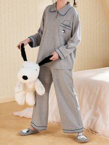 SNOOPY 两件套史努比女士长袖睡衣套装，舒适柔软上衣搭配松紧腰长裤，浅灰色家居服，带口袋 - 淺灰色 - 查看 9