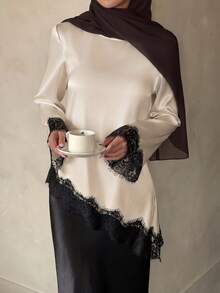 Luxury Satin Long Blouse In Apricot, Black Lace Trim Shirt, Suitable For Dates, Parties And Casual Home Wear - Apricot - View 4