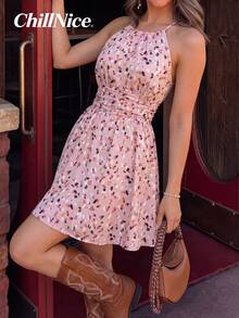 Vestido midi con volantes estampado en marrón - Vestido de mujer con pliegues y adornos en capas, de tela cómoda de mezcla de algodón, adecuado para uso diario, fiestas de jardín y vacaciones en la ciudad, temporada de primavera - Rosa - Ver 5
