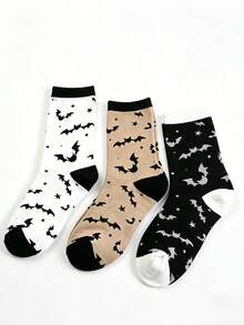 4双万圣节蝙蝠提花中筒袜，复古星形图案，哥特风格流行街头时尚男女通用中筒袜 - 彩色 - 查看 3