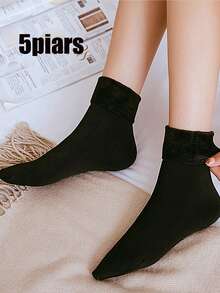 5 Pairs Solid Color Fleece Mid-Calf Socks, Minimalist Warm Unisex Snow Socks, Suitable For Autumn/Winter, Women Long Socks, Fall Season - Multicolor - View 30