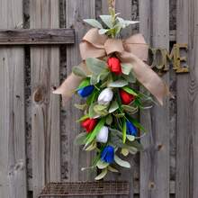 1 pieza Guirnalda de tulipán con lazo de oreja de cordero y gota, decoración artificial verde para colgar en la puerta, adecuada para ambientación de primavera/verano, decoración de pared de estilo granja para días festivos, apta para todas las estaciones, hogar, jardín, boda o regalo - A - Ver 8