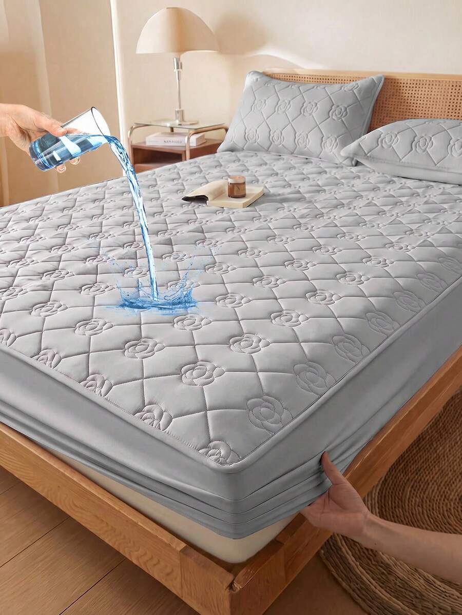 South Life 1pc Waterproof Fitted Sheet, Bedding, Fitted Sheet, Skin-Friendly Mattress Cover, Soft And Comfortable Bedding For Bedroom, Room Decor, Rose Pattern Fitted Sheet, 11.8 Inch Deep Pocket Cooling Breathable Quilted Square Lattice Fitted Sheet For All Seasons, For Single, Twin, Full, Queen And King Size, Solid Color Mattress Protective Cover, Dustproof, Comfortable And Machine Washable, For All Season, Fathers Day Gift, Birthday Decorations, Grad Party Decor, Fathers Day Decor, Graduation Gift, Birthday Gift - Xám - Xem 1