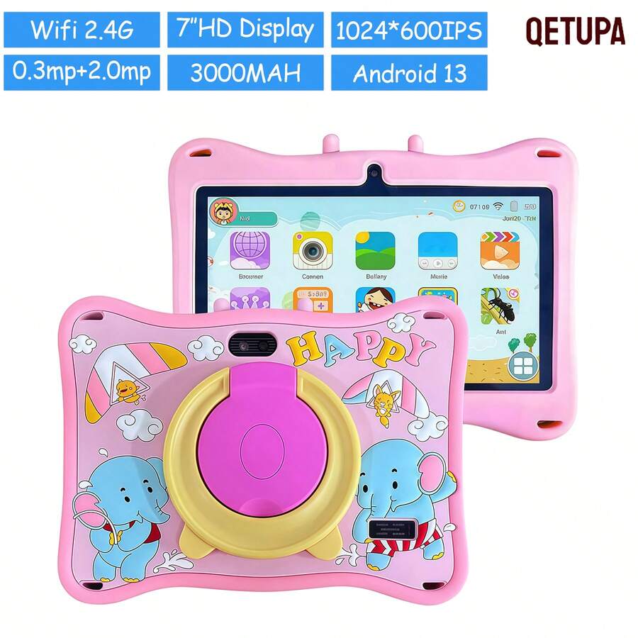 7 Inch Kids Tablets,Android 13 Tablet,2GB RAM+32GB ROM,1024*600 IPS Touch Screen,3000mAh Battery,0.3MP+2.0MP Dual Cameras,802.11b WIFI 2.4G,Tablet With Parental Control,Portable Protective Case - Pink - View 1