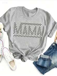 Women's-ShirtPAYEAH 1pcs Cotton Mama Letter Print Crew Neck-Shirt - Soft Mid-Elasticity Polyester Short Sleeve Top Spring & Summer - Relaxed Fit, Casual, Alphabets Pattern, Positioning Printing, Regular Length, Knit Fabric, All Seasons Wear Heavy Cotton ShirtFashionable Women's Clothingshirts,Clothes,White Top,Graphic Tee,Suitable Gym, Workouts, Everyday Casual Wear, And Street Style. Summer Outfits For Women - Xám - Xem 3