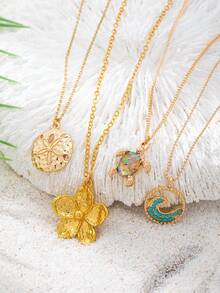 1 pieza Collar colgante de playa de verano para mujer, cadena delicada minimalista con dije de dólar de arena, tortuga y flor, joyería de playa bohemia - Multicolor - Ver 7