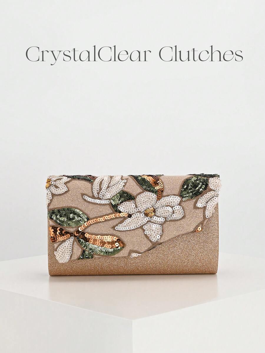 Bolso de mano cruzado elegante y brillante con parches de hojas y flores multicolor, bolso de noche vintage con cadena, mini bolso cuadrado, adecuado para fiestas, novias, estudiantes universitarias y jóvenes profesionales, los patrones se envían al azar - Dorado - Ver 1