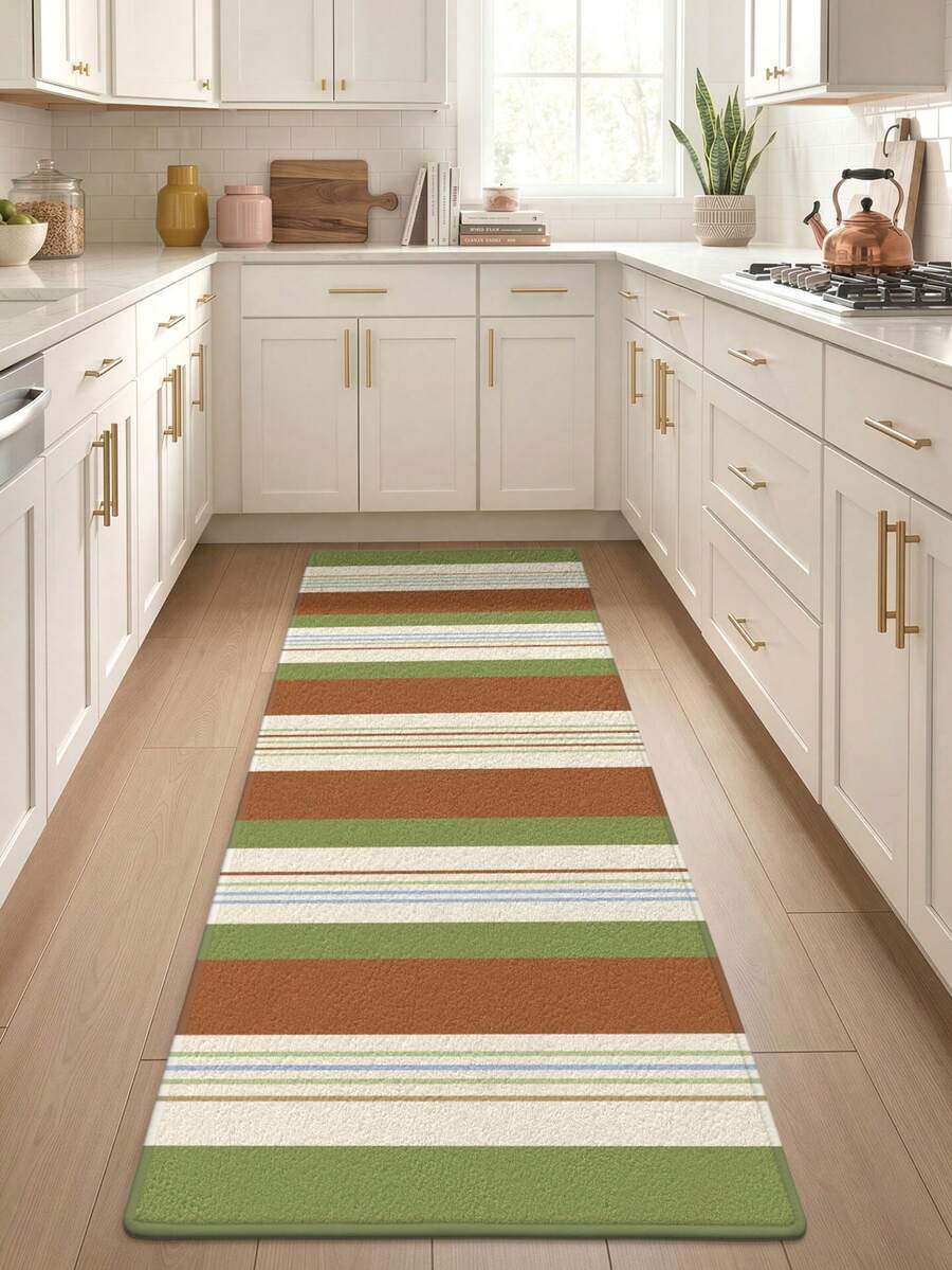 DAJIANG 1 pièce Tapis de cuisine à blocs de couleur rayés, tapis de couloir extérieur, convient pour la salle de bain, la cuisine, l'extérieur, l'intérieur, le couloir, la chambre, le salon, le côté du lit, accessoire de cuisine lavable en machine, paillasson lavable, tapis antidérapant, convient pour la décoration de chambre, la décoration de salle de bain de style japonais minimaliste, nécessité d'accessoire de salle de bain, tapis décoratif extérieur - Champ printanier aux tons chauds - Voir 1