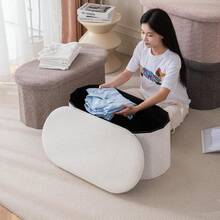 1pc Nordic Luxury Teddy Plush Round Storage Ottoman, Living Room Sofa Footrest, Bedroom Foot End Storage Bench, Entryway Shoe Changing Stool, Multi-Functional Sitting Stool - A - View 2