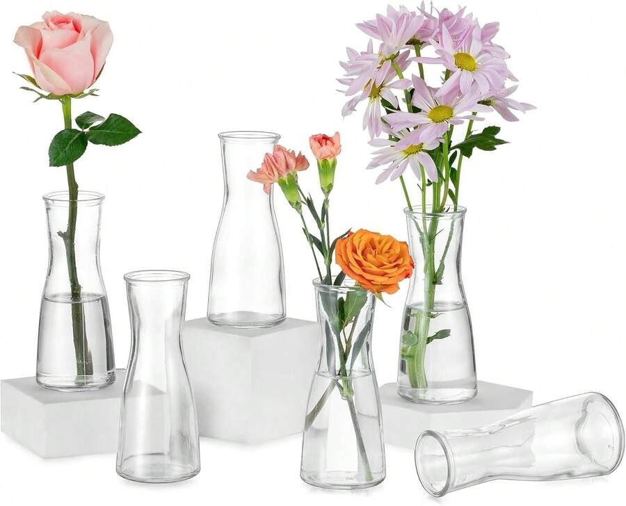 Juego de 6 jarrones pequeños de cristal, jarrones estrechos para flores como regalo para el Día de la Madre, decoración de mesa moderna para bodas, despedidas de soltera, salas de estar y mesas de comedor, jarrones de mesa elegantes para la decoración de bodas - 6 piezas - Ver 1