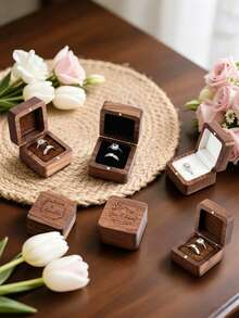 MerexSync 1pc Customized Carved Walnut Wood Double Ring Box, Vintage Wedding Engagement Ring Tray, Personalized Couple Anniversary Gift - Square Walnut Ring Box - View 2