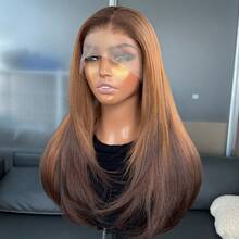 Brown Highlighted Kanekalon Futura Synthetic Hair 13x4 Lace Front Wig For Women, 18 Inch Medium Length Wavy Curly Hair With Curtain Bangs, Glueless Durable, Middle Part, 150% Density, Ready To Wear, Suitable For Daily, Party, Holiday, Vacation Use, Beginner Friendly Wig - Brown Highlight - View 12