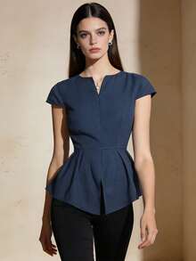 1pc Women's Solid Color Short Sleeve Top, Suitable For Holidays, Daily Wear, Dates, Spring/Summer, Blue - Blue - View 5