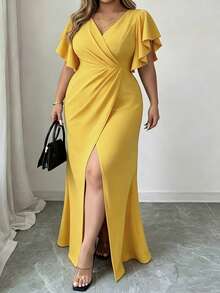 Vestido largo de mujer talla grande de cuello en V verde profundo, vestido de noche elegante con mangas cortas con volantes, cintura cruzada y abertura alta, vestido formal de fiesta de boda - Amarillo - Ver 4