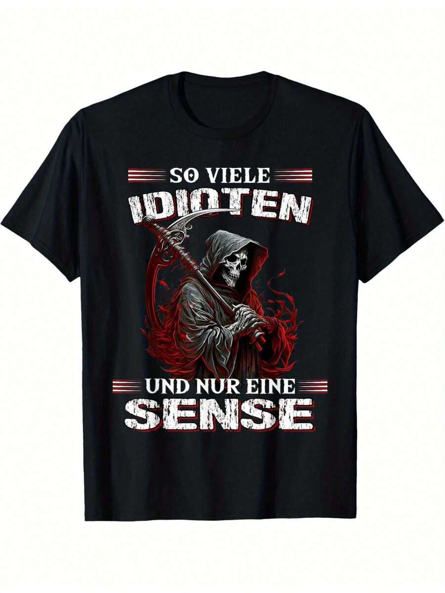 Mode, T-shirt homme Faucheuse assortie avec texte allemand et design de faux. T-shirt décontracté 100% lavé vintage, chemise à manches courtes humoristique sur le thème de la mort, convient aux tenues gothiques, vêtements d'humour noir (noir), été, hauts, Top, T-shirt, cardigan, Top d'été, coupe standard, porter toute saison - Noir - Voir 1