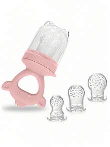 4 piezas Alimentador de bebé con frutas y verduras con mango, herramienta de alimentación complementaria, incluye 3 tetinas, juguete de dentición con forma de oso de dibujos animados para bebés - Multicolor - Ver 13