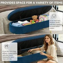 Multifunctional Storage Bench / Soft Chenille Fabric Modern Storage Bench / 20L Storage Space / Wooden Legs / For Bedroom, Living Room, Shoe Bench, Hallway - 深藍色 - 查看 5