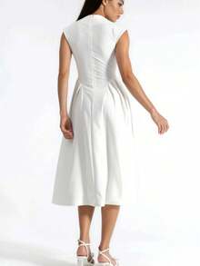 Women's Elegant White Pleated Midi Dress With Stand Collar Neck - White - View 2