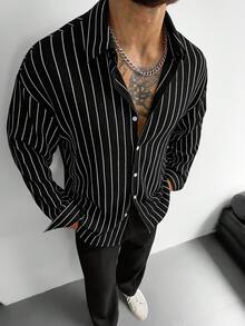 Mercer Haus 男士條紋羈扣襯衫，透氣針織長袖輕薄休閒經典款上衣，適合辦公室、晚宴、日常穿著，是送給他的好禮物 - 黑色 - 查看 7