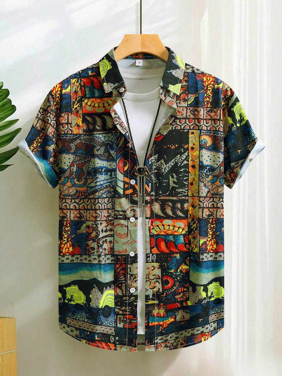 Camisa de manga corta con botones y estampado floral para hombre - Caqui - Ver 1