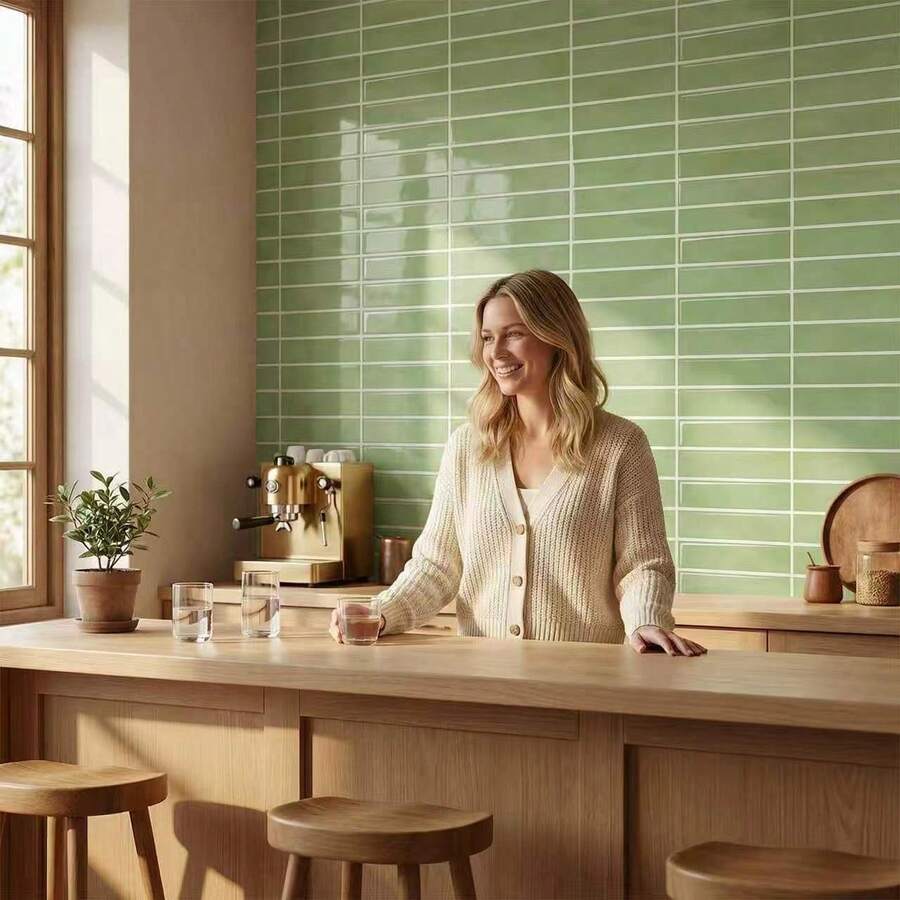 11.4 Inch X 9 Inch Waterproof PE Foam Wall Sticker With Wood Grain Pattern, Green/Blue Color, Suitable For Kitchen Backsplash, Bathroom Decor, Rental Home Renovation, Heat & Oil Resistant, Living Room TV Background Wall Decor - YJC0553 - View 1
