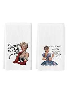 2 Pcs Funny Vintage Pin-Up Girl Quote Kitchen Towels Retro Glam Style Dish Towels Can Be Used In Kitchen Drying Hand Towels Tea Towels Suitable For Farmhouse Kitchen Home Indoor Dish Drying - White - View 7