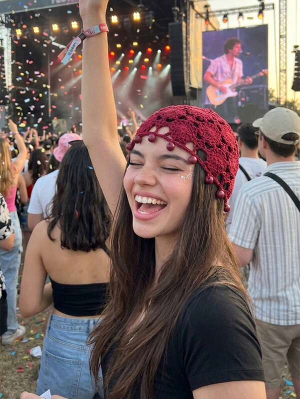 1pc Handmade Crochet Openwork Bohemian Style Red Knitted Hat With Pendant Design, Breathable Sun Protection, Suitable For Music Festivals, Vacations And Daily Wear