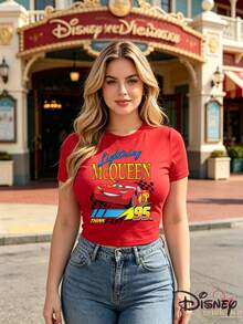 Disney Licensed Style | Lightning McQueen No.95 Car Print Slim Fit Women's Short Sleeve T-Shirt - Speed Passion & American  Vibe, Soft Breathable Fabric, Crew Neck, Ideal For Racing Themed & Daily Casual Wear - Red - View 7