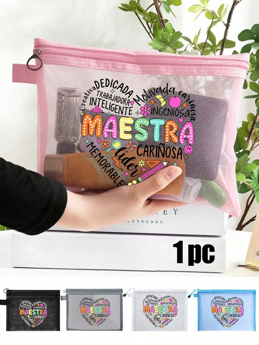 Bolsa de maquillaje con rejilla de letras Maestra, bolsa de cosméticos con cremallera y bolsillo de almacenamiento transparente con rejilla, bolsa de almacenamiento de cosméticos para mujeres, organizador de maquillaje para dormitorio universitario, bolsa de almacenamiento plegable y ligera, regalo para maestros, regalo para hermana, regalo de cumpleaños, regalo de aniversario, regalo de graduación, regalo del Día del Maestro, regalo del Día de la Madre, bolsa de maquillaje, neceser, bolsa de maquillaje, bolsa de aseo, bolsa de almacenamiento de maquillaje, gran capacidad, regalo del Día de la Madre, artículos esenciales para vacaciones, regalos para madres - Multicolor - Ver 1