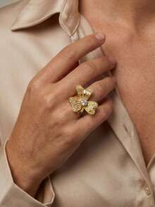 1pc Luxury Mixed Cut Cubic Zirconia Floral Copper Cocktail Ring, Suitable For Women's Daily Wear, Festivals, Parties, Galas - Gold - View 4