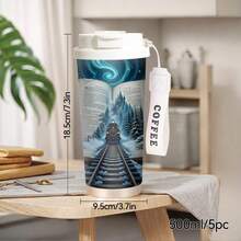 1pc/5pcs 17oz Printed Fantasy Train & Book Stainless Steel Insulated Coffee Tumbler, Leak-Proof Travel Mug With Carry Strap, Magical Themed Gift For Readers & Fantasy Fans - Multicolor-train 2 - View 7