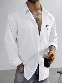 Men's Palm Tree Pattern Long Sleeve Loose Fit Button-Down Shirt - White - View 6