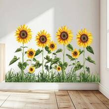 1pc Sunflower Meadow Wall Sticker, Bright Yellow-Green Plant Baseboard Decor, Self-Adhesive Waterproof Removable - Multicolor - View 7