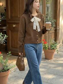 Cárdigan casual de mujer con mangas raglán y cordones, unicolor, para otoño/invierno - Café integral - Ver 2