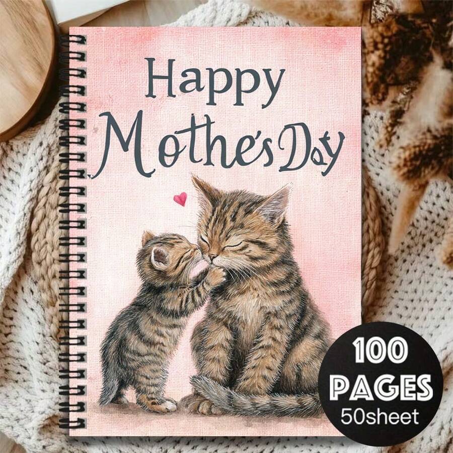 1pc Mother's Day Heartwarming Gift Spiral Notebook, Cover Illustration Of Affectionate Cat Mother And Child, Filled With Love. 100 Pages (50 Sheets) Practical Inner Pages, Suitable For Work Records, Study Notes, Daily Planning, Also An Thoughtful Gift For Graduation, Birthday And Other Occasions. - J - View 1