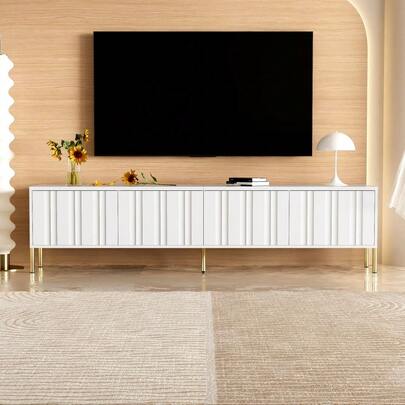 White TV Unit, 190 Cm Long X 38 Cm Wide X 48 Cm High, Gold Legs, Fluted Door Design.