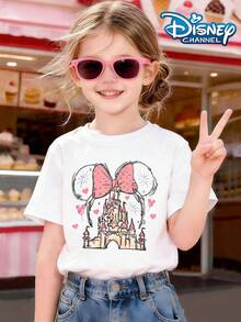 Disney Pink Bow Minnie Mouse Castle Graphic Summer Tee, Perfect For Cute Girls. Teen Girl Gift,Comfortable And Breathable Children's Short-Sleeved T-Shirt. 180g Pure Cotton Children's Clothes,Suitable For Both Boys And Girls.Suitable For Daily Wear, Vacations, Outdoor Activities, And As A Children's Gift. - trắng - Xem 2