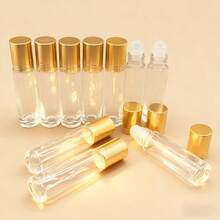 3件組 10ml (0.34oz) 透明玻璃滾珠瓶，可重複填充，附金色瓶蓋與不鏽鋼滾珠，贈送漏斗、滴管、開瓶工具，防漏化妝品容器，DIY香水精華液分裝瓶，商務出差與露營旅行必備 - 彩色 - 查看 4