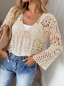 Women's Bohemian Hollow Crochet Knit Cover Up, V-Neck Tie Front Bell Sleeve Cropped Top, Beach Vacation Cover-Up Summer - Champagne - View 4