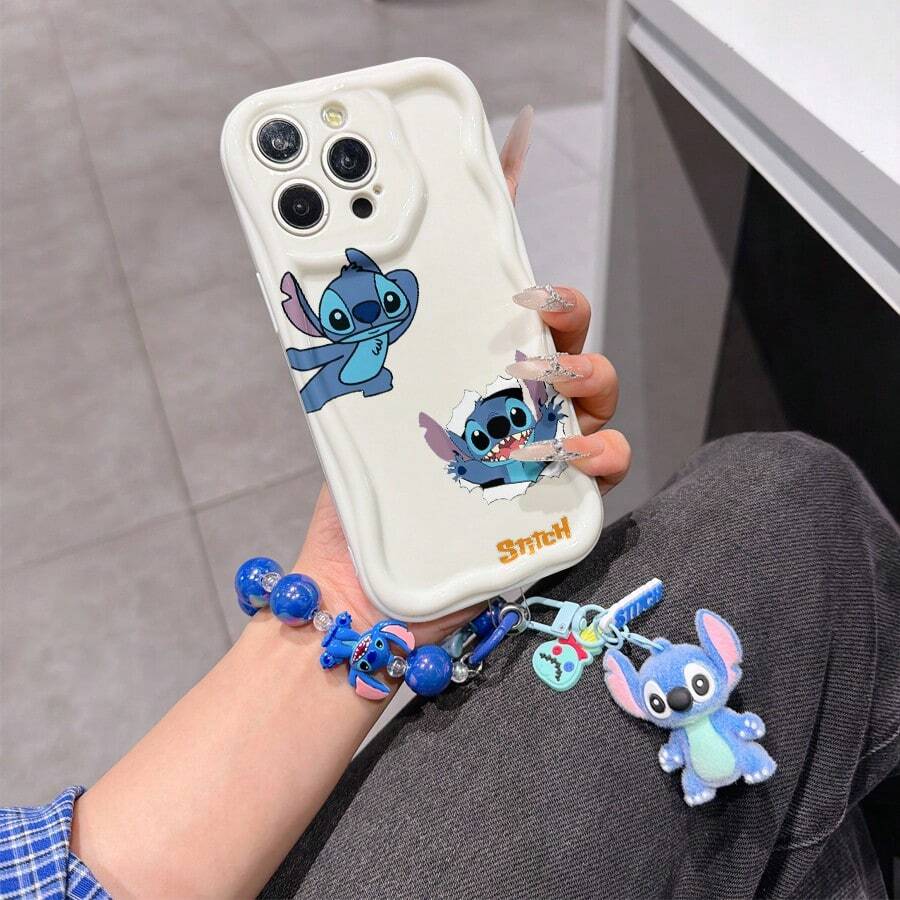 Disney Has Authorized, Phone Case - Chain Set, The Stitch Lilo & Stitch Phone Case Plus A Silicone 3D Or Fluffy Style Stitch Bracelet With Metallic Ring Removable Bracelet, Stitch And Angel Pattern, Compatible With Iphone 17/16/15/14/13/12/11/XS/XR/X Plus Pro Max, Wavy Design Phone Case For Girl, A Stylish Cartoon Summer Phone Case, The Perfect Gift Choice, Phone Protection, Durable Phone Cover, Great Gift For Friends And Family - Kiểu trắng B - Xem 1